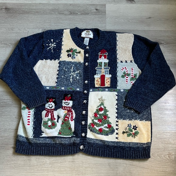 Vintage  Navy and Cream Holiday Cardigan - Picture 1 of 4